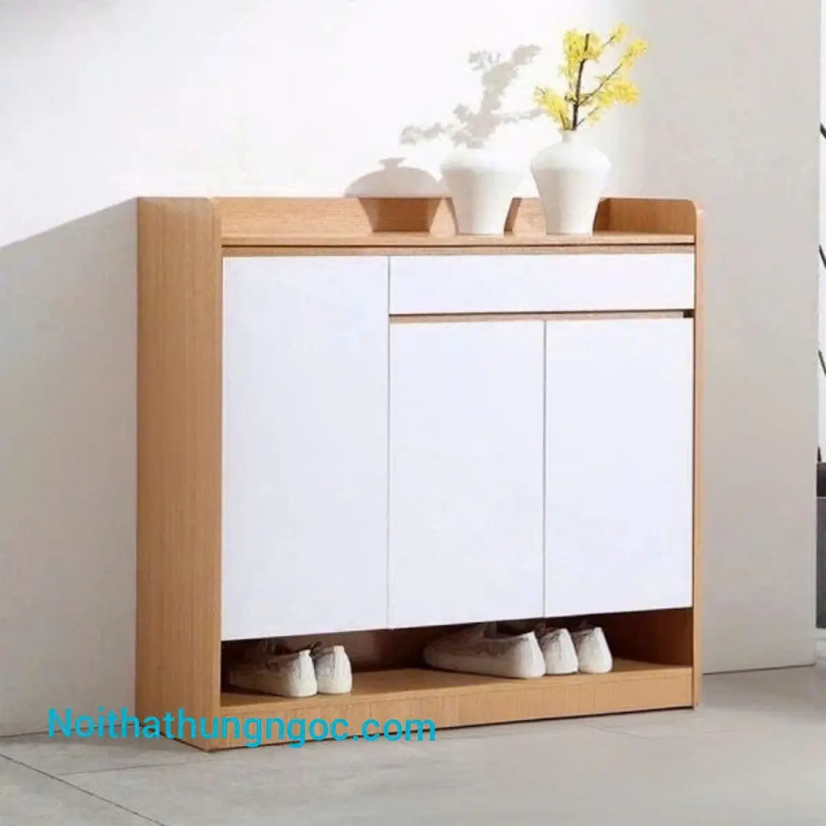 Nội Thất Hùng Ngọc - Tủ giày gỗ MDF hiện đại HN-TG661 phối màu trắng vân gỗ có hộc trang trí