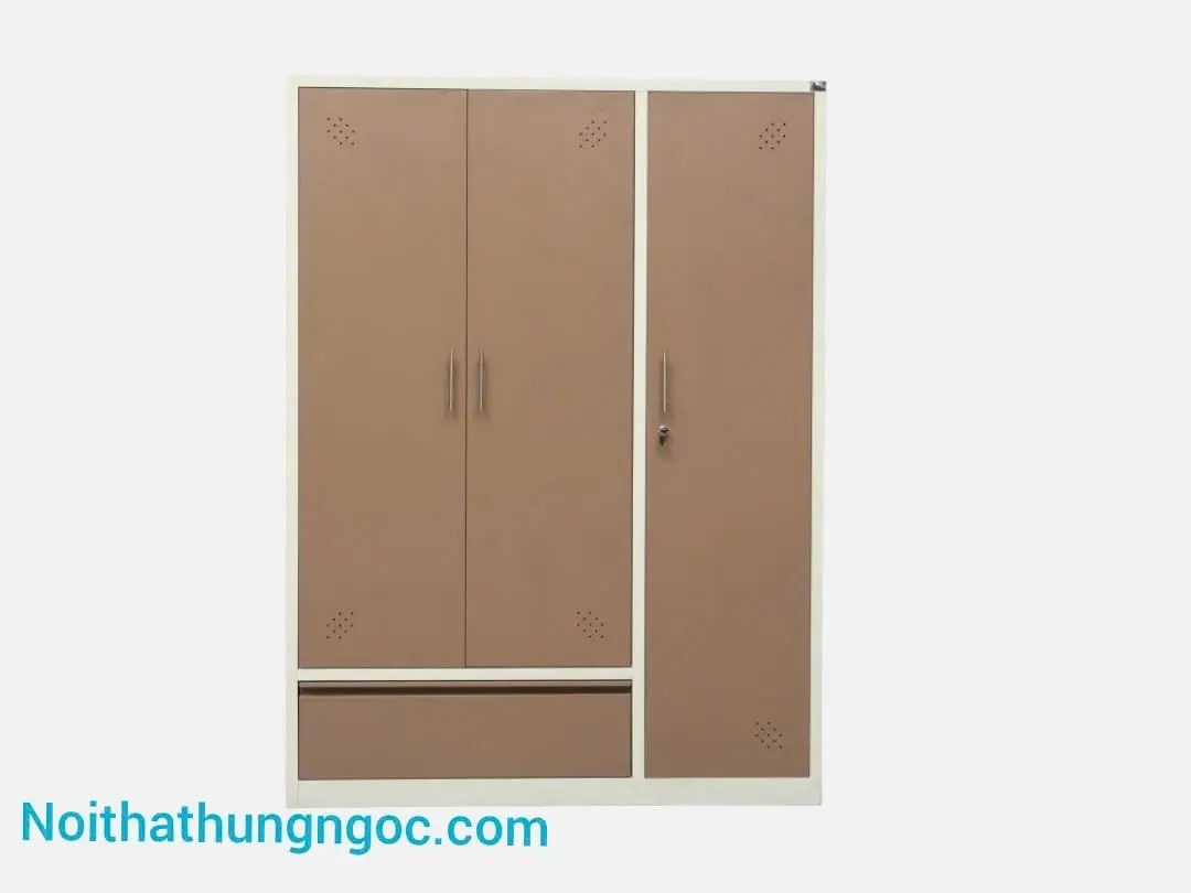 Tủ sắt đựng quần áo 3 cánh màu trắng nâu sơn tĩnh điện chống han gỉ HN911 Nội Thất Hùng Ngọc